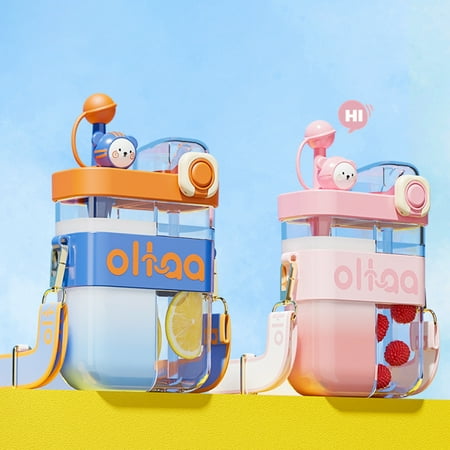 

Jiebobao Water Bottle Easy to Carry Large Capacity Cartoon Design Clear Dust-proof Drinkware Plastic Compartment Design Straw Bottle for Outdoor