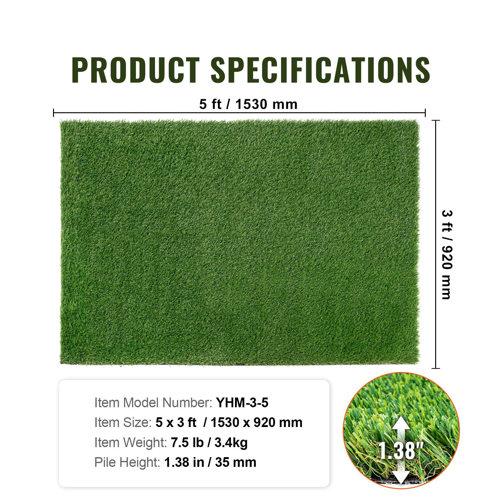 Artificial Turf 1.38" Pile Height, 17,000 Stitches/m², Four-Color PE Material, UV-Resistant, Drainage Holes, for Garden Patio Indoor