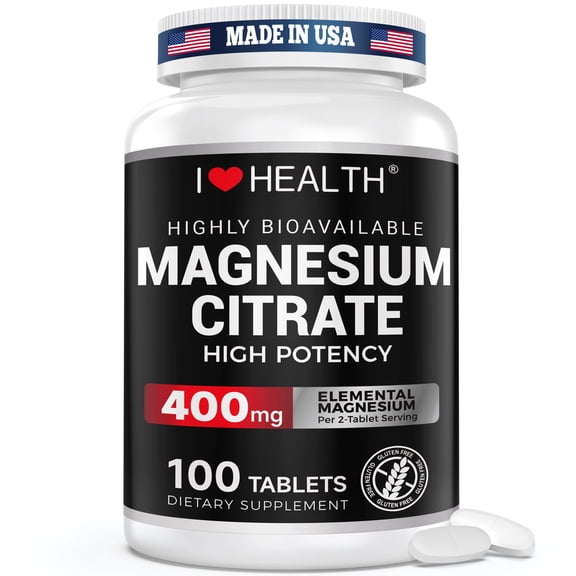 Magnesium Citrate 400 mg per serving, Magnesium Supplements for Muscle, Nerve, Bone and Heart, 100 Tablets, 50 Day Supply
