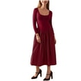 thumbnail image 2 of SMihono Dresses for Women Fashion Square Neck Long Sleeve A-Line Midi Dress Lightweight Comfy Casual Solid Fall Outfits Wine M, 2 of 8