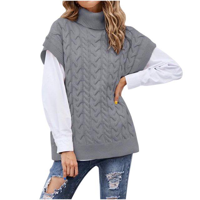 Yuyuzo Chandail pour Femmes Col Roulé Manches Courtes Tricoté Col Haut Épaule Large Pull Chemises