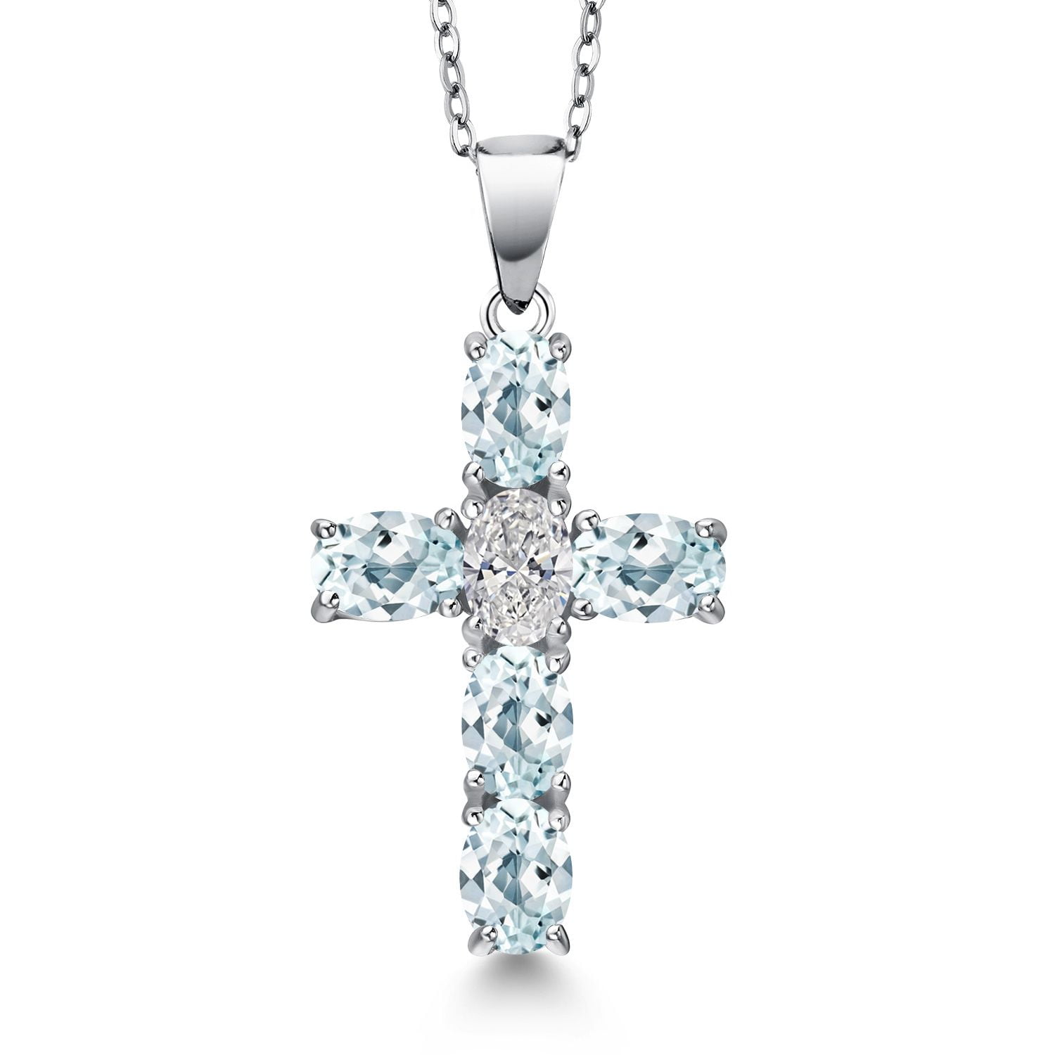 Gem Stone King 2.90 Cttw Sky Blue Aquamarine and Lab Grown Diamond Cross Pendant Necklace for Women | 925 Sterling Silver | Gemstone March Birthstone | Oval 6X4MM | With 18 inch Chain