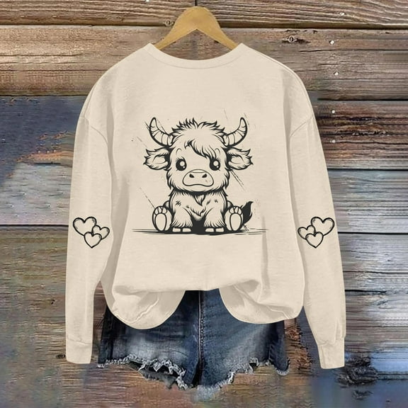 Women's Hoodless Sweatshirts Round Neck Cow Print Comfortable Round Neck Long Sleeve No Hoodie