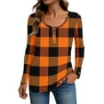 thumbnail image 2 of Stichou Women's Fall Shirts Henley Plaid Slim Fit Long Sleeve Comfy Tunic Tops Loose Fit Button T Shirts Trendy Outfits Orange 2XL, 2 of 5