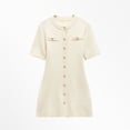 thumbnail image 4 of Robe Courte Décontractée pour Femme en Tricot Côtelé, Manches Courtes, Col Rond, Mini Robe Chandail Ligne A avec Boutons Décoratifs, Beige, P, 4 of 9