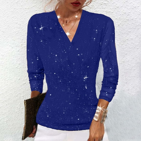 Xdegoge V Neck Sequin Tops for Women Party Night Going Out Long Sleeve Blouses Sparkly Glitter Fashion Dressy Casual Mesh Shirts