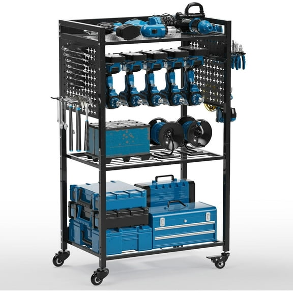 VDEVY Large Power Tool Organizer Cart with Lockable Wheels | 4-Tier Organizer for Power Tools & Garage Storage, Mechanic Cart, Gift for Men, Dad, Husband