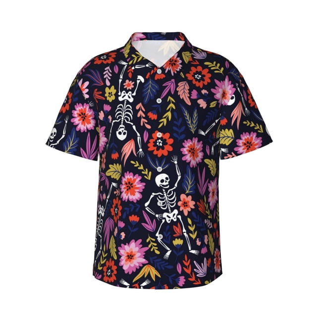 Balery Dancing Skeletons Floral Garden Camisas hawaianas de manga corta para hombre, camisas playeras de corte holgado, camisas de vacaciones con botones,3X-Large