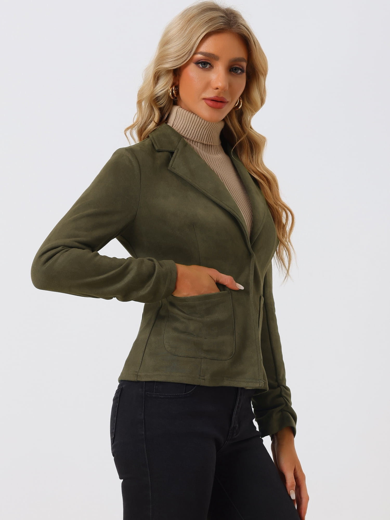 DARING DIVA Women's Long Sleeve Open Front Faux Suede Blazer M Olive Green