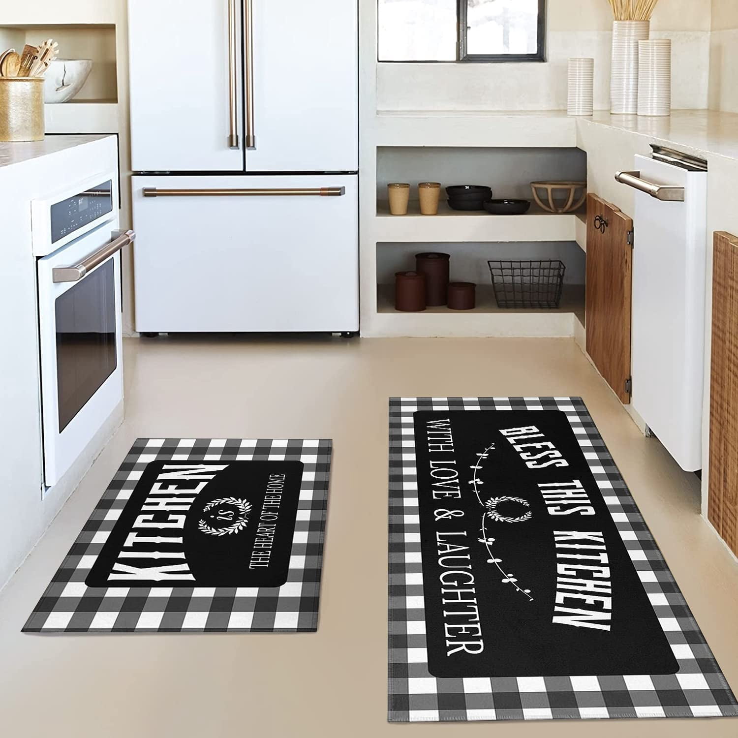Black Kitchen Rugs and Mats Sets of 2, Funny Kitchen Decoration Rubber Backing Non-Slip Absorbent Mats for Sink Waterproof Runner Rug for Laundry Room 17x30+17x48inch