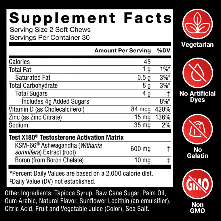 Force Factor Test X180 Testosterone Support Soft Chews with KSM-66