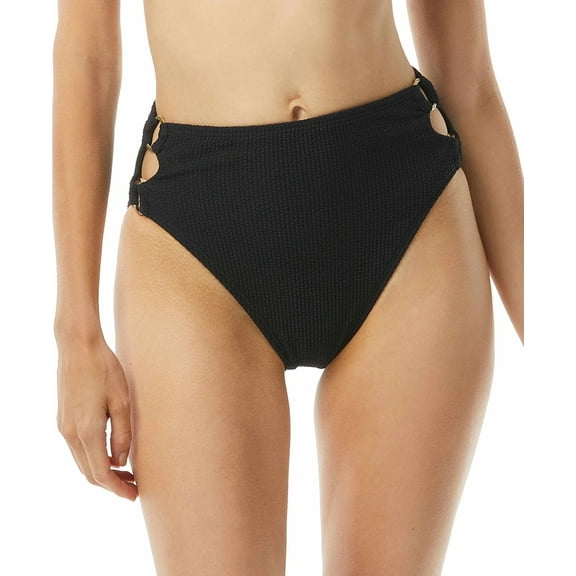Michael Kors BLACK Textured High-Waist Bikini Swim Bottom, US Medium