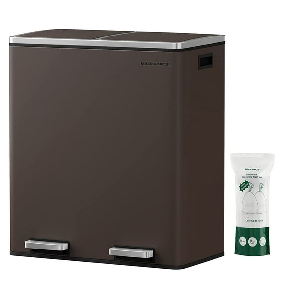 16 Gallon Dual Trash Can, Rubbish Bin and 15 Trash Bags, Metal Step Bin with Dual Compartments, Brown