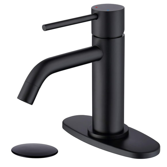 Grifo de baño negro mate con un solo orificio JXMMP Grifos monomando para fregadero de baño con desagüe emergente y placa de cubierta de 6 pulgadas y manguera de suministro de agua CUPC