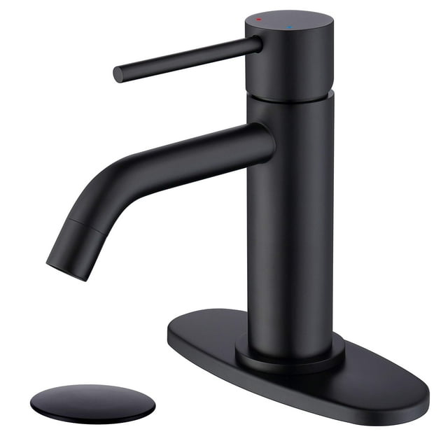 Grifo de baño negro mate con un solo orificio JXMMP Grifos monomando para fregadero de baño con desagüe emergente y placa de cubierta de 6 pulgadas y manguera de suministro de agua CUPC
