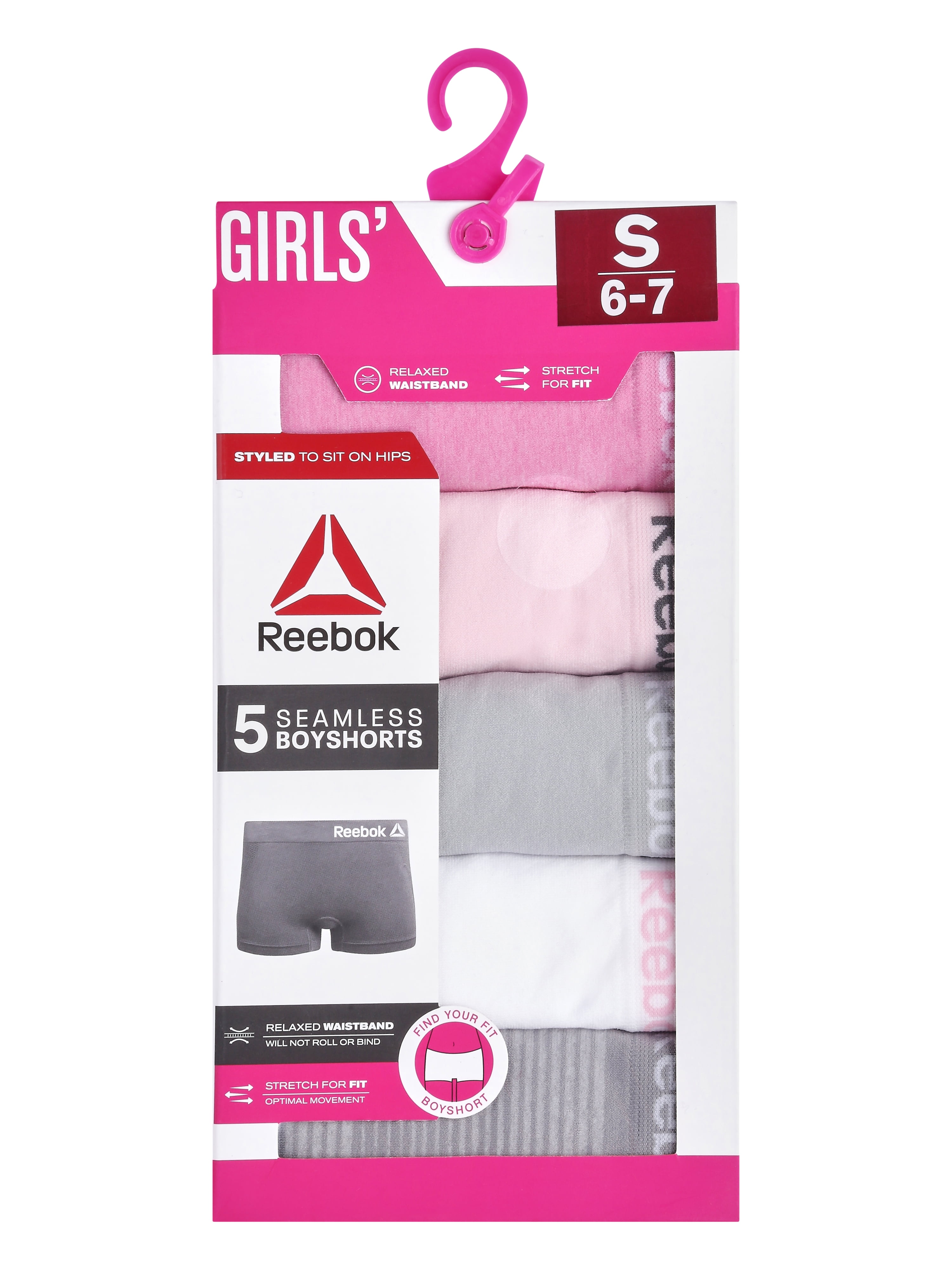 Reebok Girls Seamless Underwear Boyshort Panties, 5-Pack, Size S-XL
