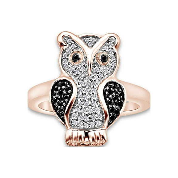1/4 Carat CTTW Round Cut Black And White Natural Diamond Owl Ring In 14K Rose Gold Over Sterling Silver (0.25 Cttw, I2-I3 Clarity)