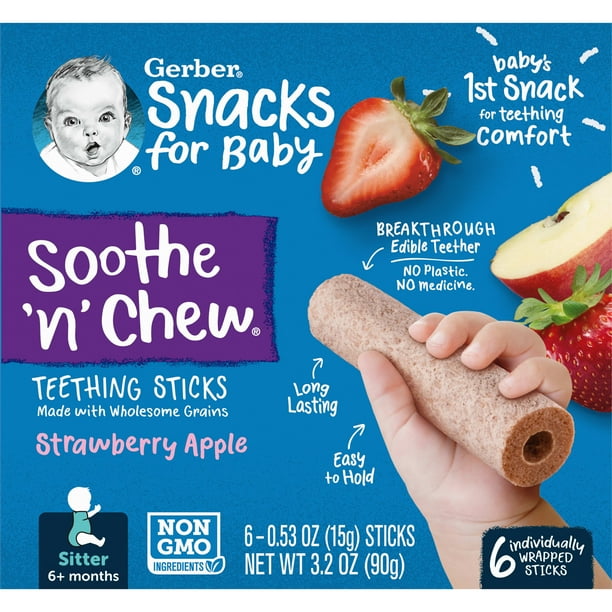 Gerber Snacks for Baby Soothe n Chew Teething Sticks Strawberry Apple, 0.53 oz Box (6 Pack