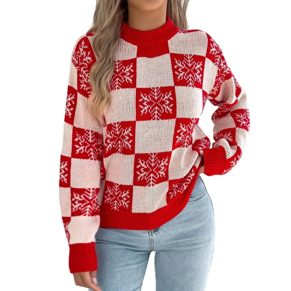 Fgnfyis Christmas Winter Snowflake Grid Pattern Pullover Sweater Long Sleeve Knitted Casual Sweaters for Women for Warm Blouse Tunic Winter Red S