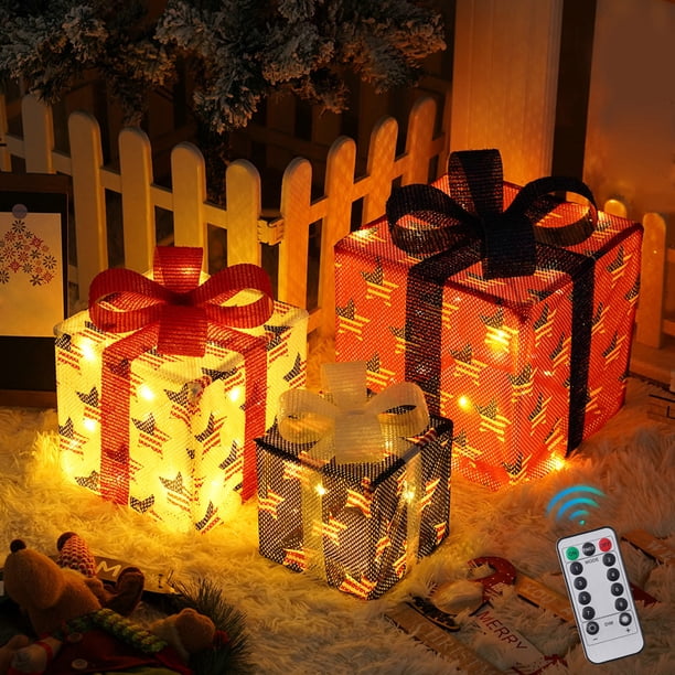 Christmas Light Box Remote Control Set Of 3 LED Gift Box Decoration Outdoor Elevated Christmas Box Gift Decoration Indoor Outdoor Terrace