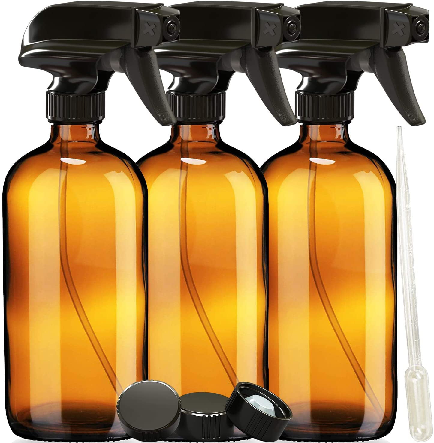 Cleaning Products or Aromatherapy 2 Pack 2 Refillable Trigger Sprayers and 2 Durable Caps 16oz Glass Spray Bottles with Funnel and Labels - Empty Refillable Container for Essential Oils Amber
