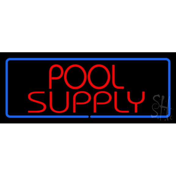 Red Pool Supply with Blue Border LED Neon Sign 10 x 24 - inches, Black Square Cut Acrylic Backing, with Dimmer - Bright and Premium built indoor LED Neon Sign for Spa interior decor and storefront.