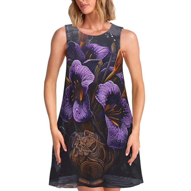Easygdp Ornate Purple Floral Vase para Vestido Transpirable de Mujer, Vestido Suelto de Manga Corta con Pliegues y Bolsillos para el Verano