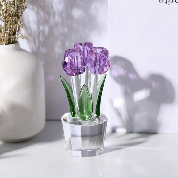 1pcs Crystal Tulip Figurine Ornament,Tulip Flower Gifts for Wife Mom Girlfriend,Crystal Tulip Bouquet Figurine,Purple