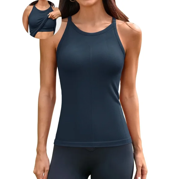 ANFERRY Women's Fitting Seamless Tank Tops Ribbed Crew Neck Racerback Workout Camisoles with Sewn in Bra