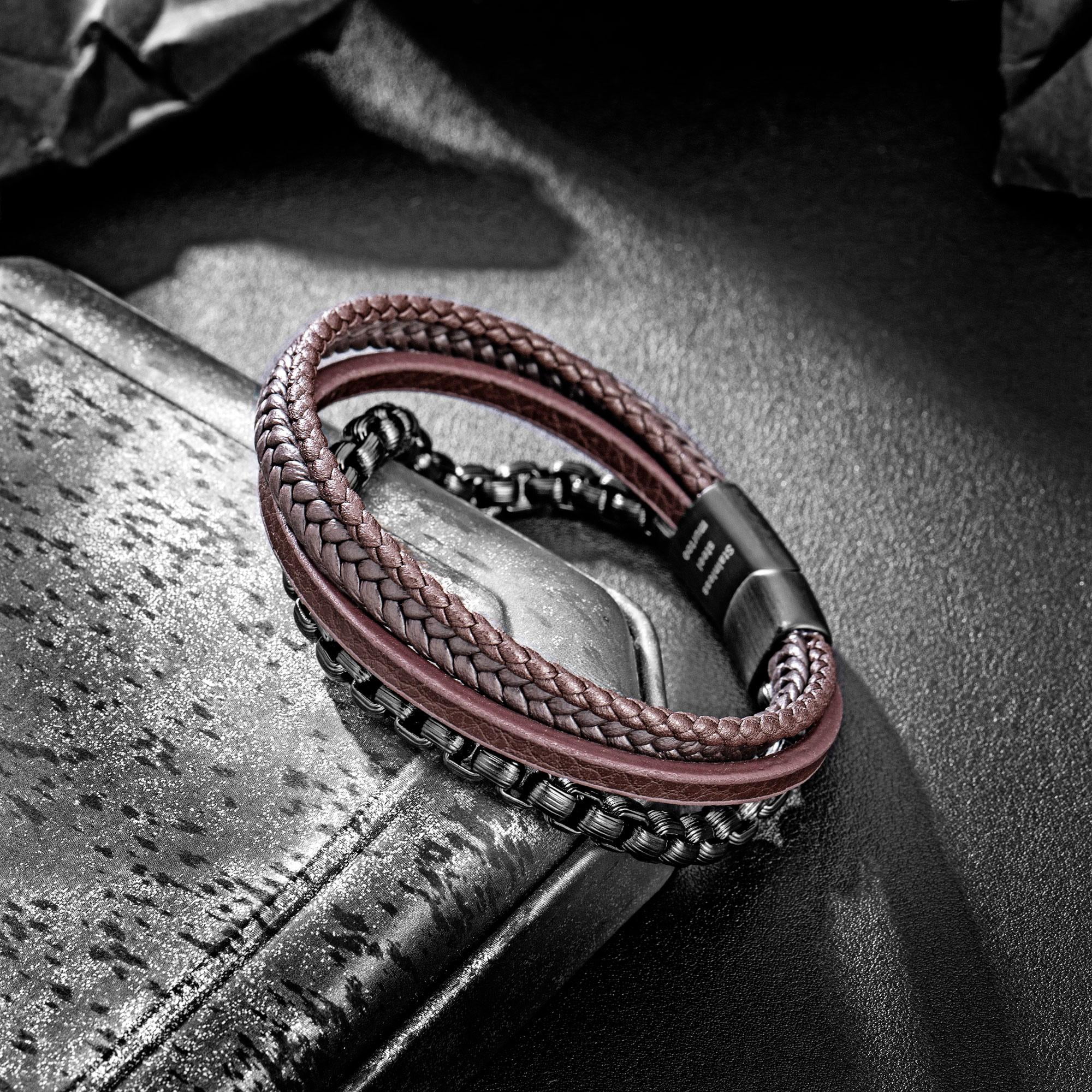 murtoo Mens Leather Bracelet with Chain, Stainless Steel Clasp Braided Wristband for Men, Multi-Strand Adjustable Bracelet with Gift Bag