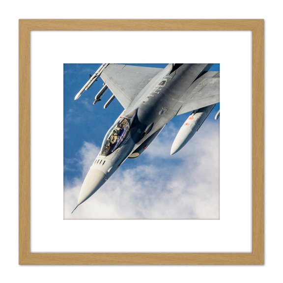 Military USA USAF F-16 Fighting Falcon Fighter Jet Photo 8X8 Inch Square Wooden Framed Wall Art Print Picture with Mount