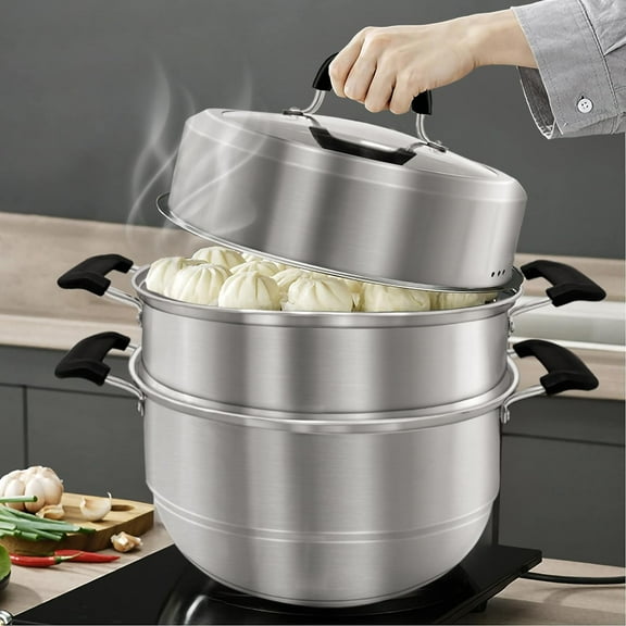 Multipurpose Steamer Pot 11 Inch, Stainless Steel 2-Tier Cooking Pot with Lid, for Steaming Vegetables Dumplings Seafood Sauce, Silver