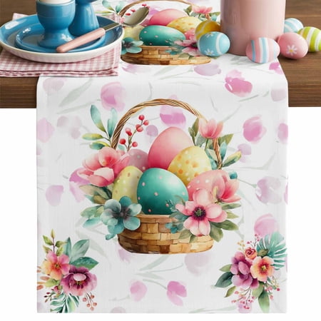 Easter Eggs Table Runner Spring Watercolor Basket Pink Floral Colored Eggs Cotton Linen Kitchen Table Decoration Washable Dining Tabletop Runners for Home Party Decor 18x72 Inches