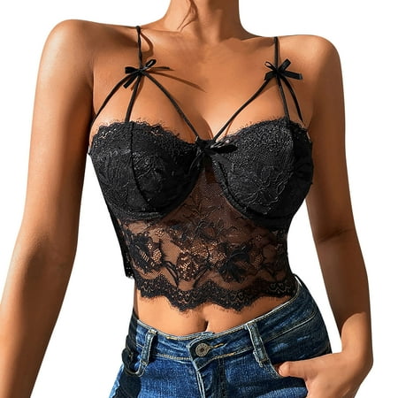 

Fsqjgq Underwear Women Under Garment Women Lace Bra Strapless Satin Tube Top Crop Bustier Top Sheer Casual Blouse Tops Mini Bustier Support Womens Underwear Lace Black M