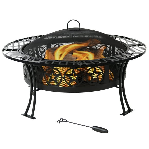 Sunnydaze Outdoor Camping or Backyard Steel Round Four Star Fire Pit Table with Spark Screen - 40" - Black