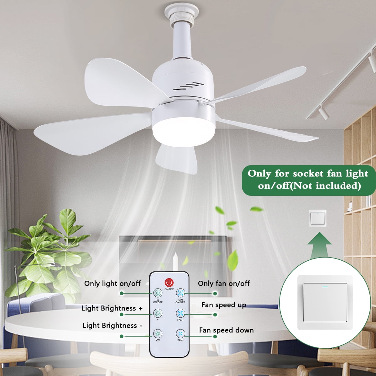 JOPESO Socket Fan Light with Remote, 19in Ceiling Fans with Lights with 3 Speeds and 3 Colors E27 Base, Dimmable LED Socket Fan for All Locations