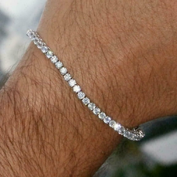 Solid 925 Silver 14K White Gold Plated 4 MM Round Cut Lab-Created Diamond Men's Tennis Bracelet