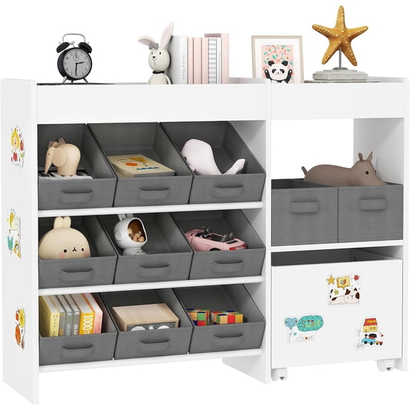 Storage Organizer with 6 Shelves and 11 Fabric Bins, White | Moveable Toy Storage Cabinet, 3 Stickers,Bookcase, Nursery, Playroom, Bedroom