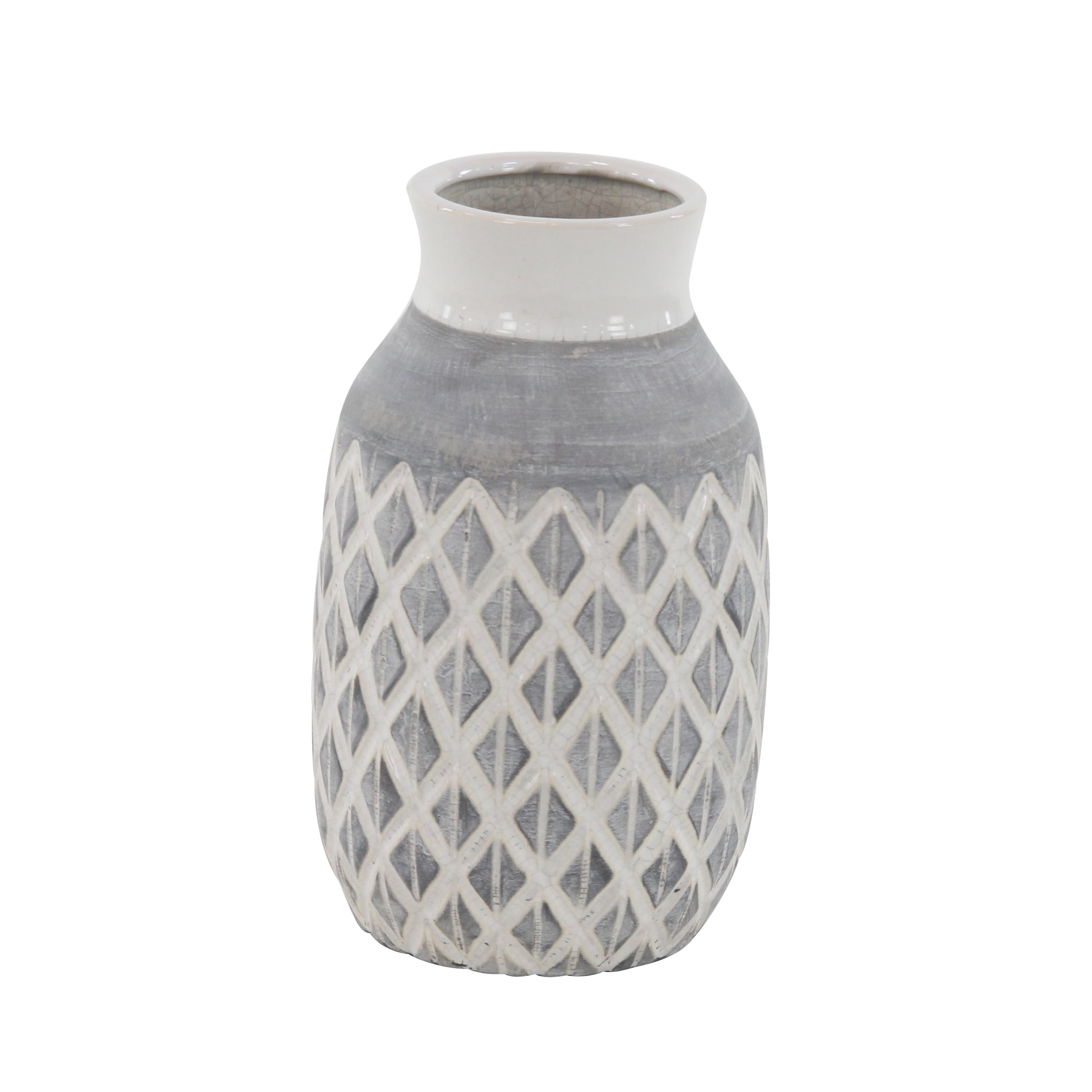 DecMode 13" White Ceramic Vase with Diamond Pattern