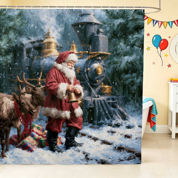 Erosebridal Christmas Train Shower Curtain 72Wx72L, Santa Bathroom Curtain, Christmas Santa