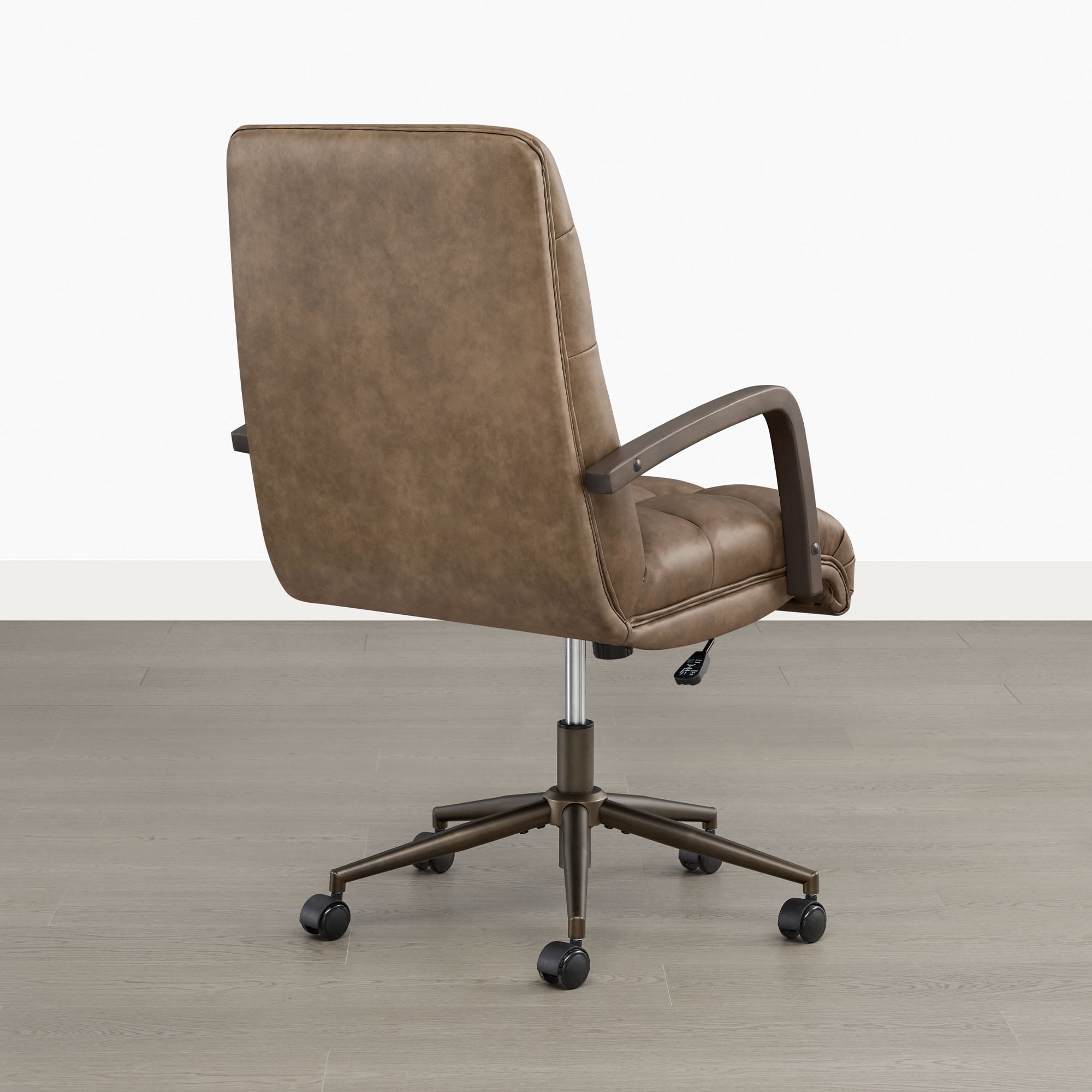 Spruce & Spring Mid-Century Modern Office Chair with Solid Wood Arms, Faux Leather Desk Chair with Adjustable Height & Tilt for Home Office, Brown