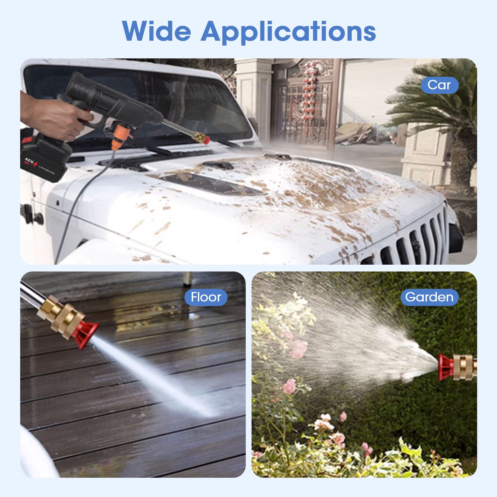 21V Cordless High Pressure Washer, Portable Power Cleaner 2 Nozzles 16.4FT Pipe, Black
