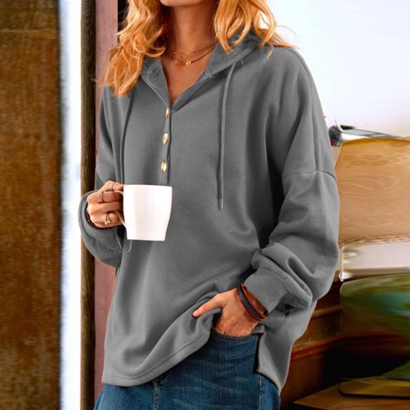 AOOCHASLIY Christmas Tops Women Fall Winter Solid Color V-Neck Button Crop Workout Long Sleeve Hoodied Tops Pullover Blouse