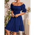 thumbnail image 3 of Navy Blue Square Neck Ruched Waist A-Line Dress With Puffed Sleeves And Tiered Hem, 3 of 6