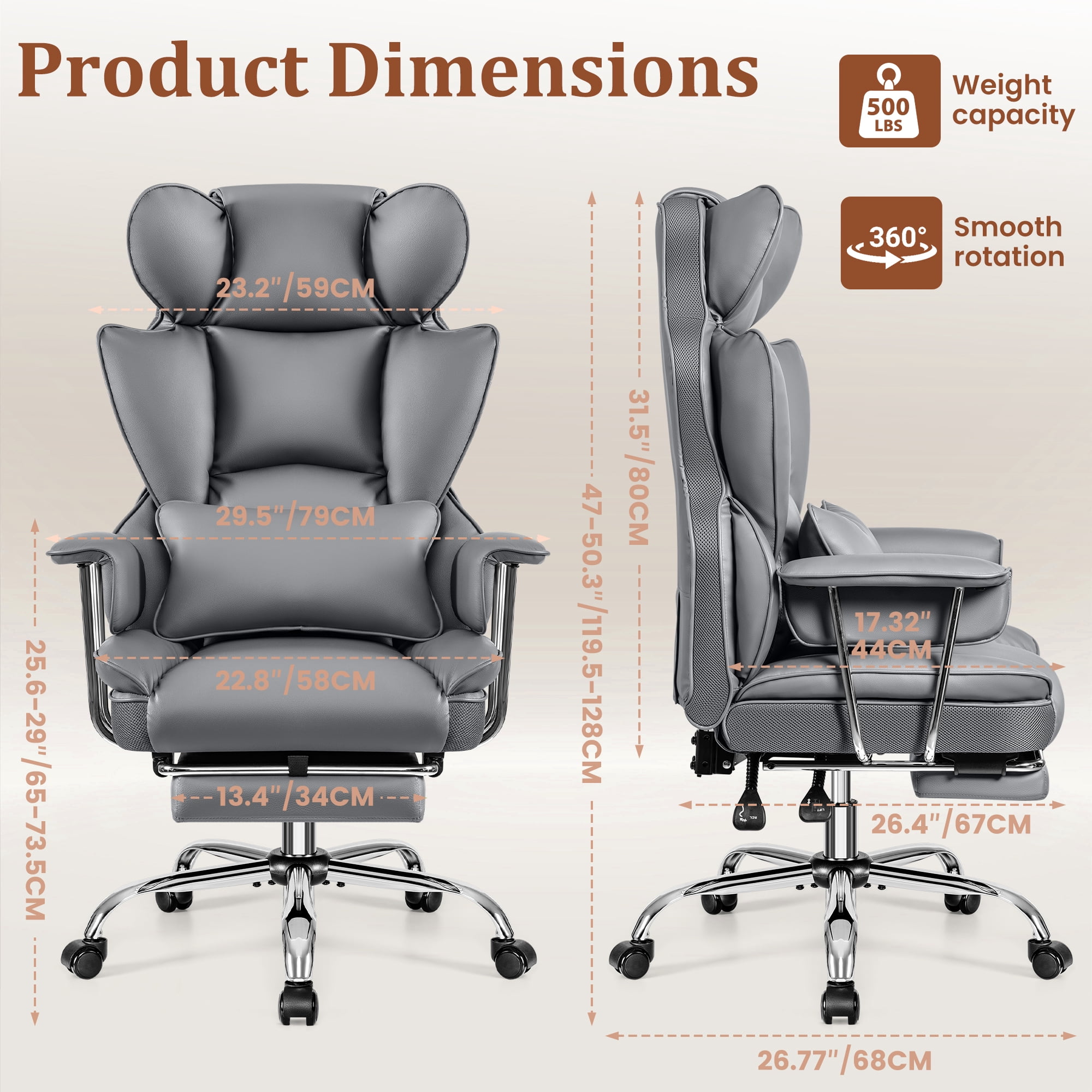 COOLHUT Big and Tall Office Chair 500LBS Wide Seat Ergonomic Computer Desk Chair, PU Leather Executive Office Chair with Footrest, Adjustable Task Chair Lumbar Back Support 8 Hour, Gray