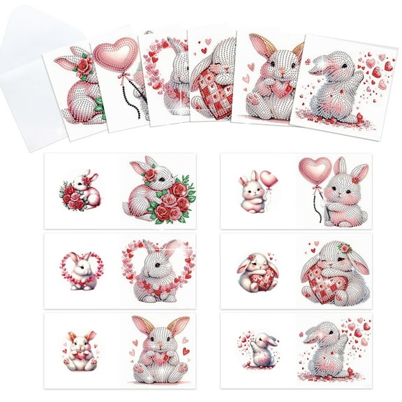 6pcs Diamond Painting Kit Greeting Card, Love Bunny 5D DIY Diamond Handmade Holiday Greeting Card with Envelope, Christmas Gift Congratulation