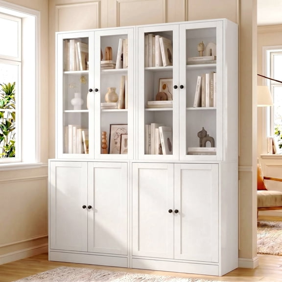 RichYa 2Pcs 71''H Tall Bookcase with Glass Door,3 Tier Display Bookshelves for Home Office,Living Room,White