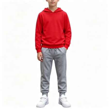 BCSIOAOI Boys 2 Piece Outfit Solid Hooded Sweatshirts Drawstring Pockets Pants Matching Set Red 14-15 Years