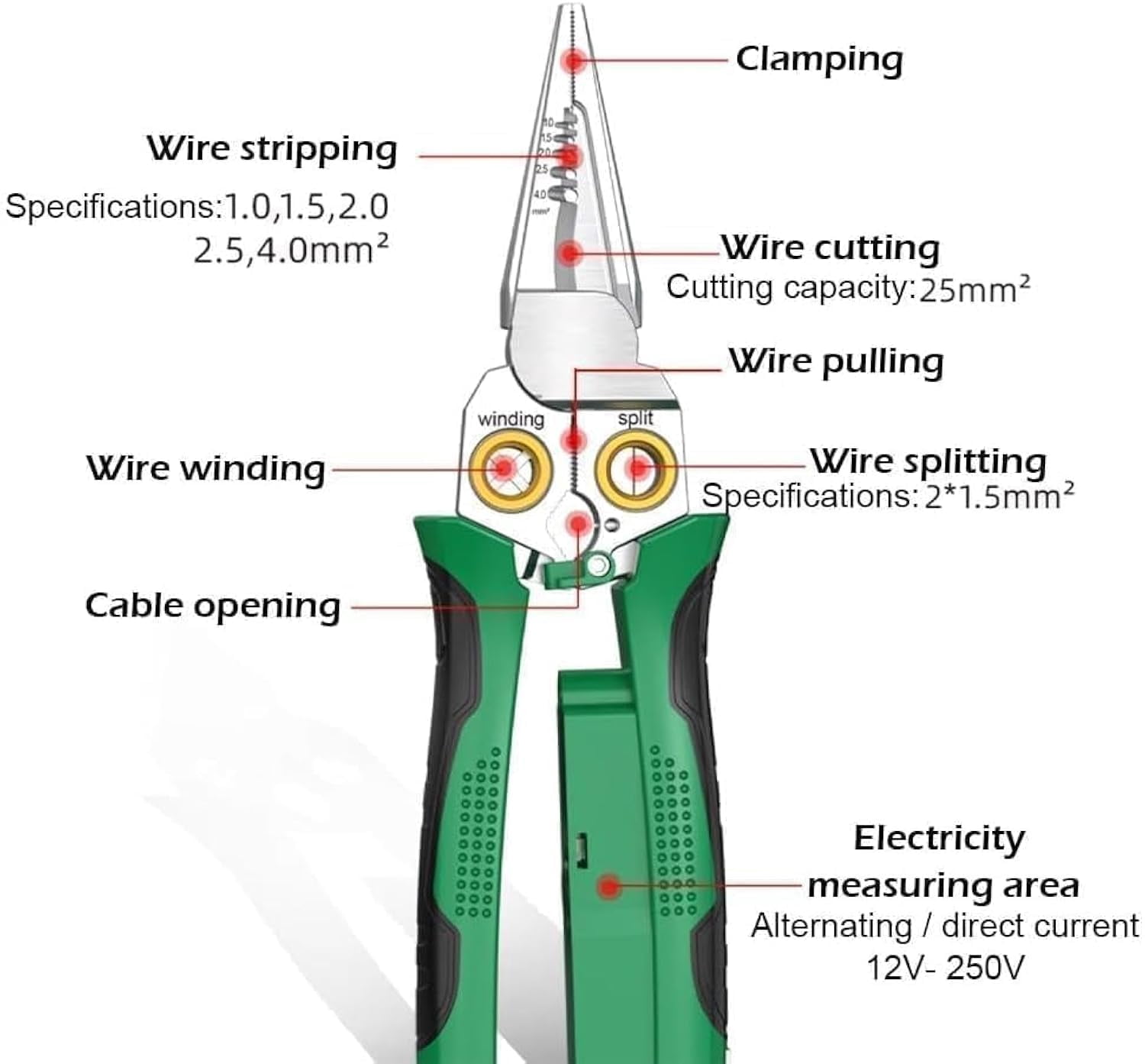 8 in 1 Wire Stripper With Voltage Tester, 8 in 1 Electric Wire Stripper, Multi-Function Electric Wire Stripping Tool for Cutting and Pulling Pliers, Electrician Repair Tool (Green)