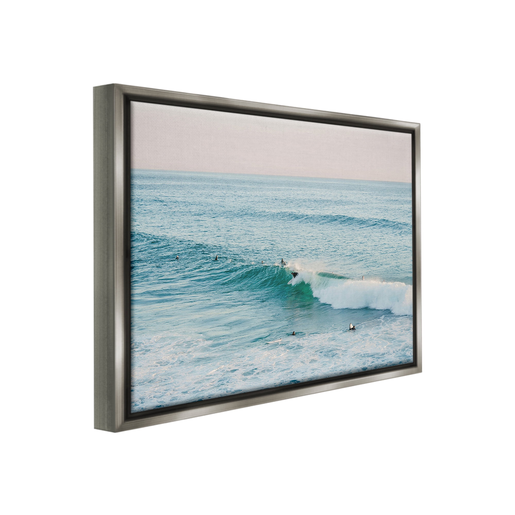 Stupell Industries Surfers Riding Waves Landscape Photography Gray Floater Framed Canvas Art Print Wall Art, 31 x 25